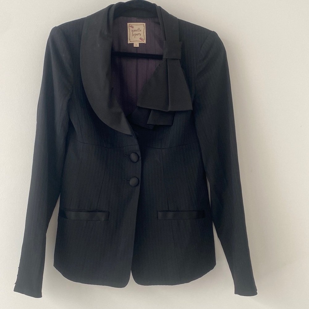 Pinstripe Bow Cowl Nanette Lepore Button up Suit blazer Black Purple Lined S S 2